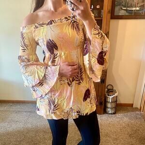 CBRAND off the shoulder tropical floral flowy top